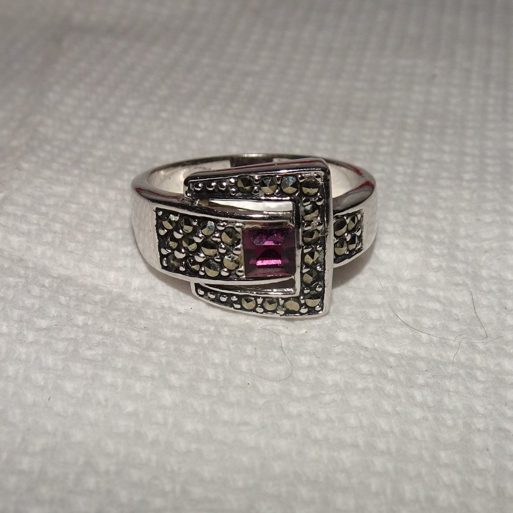 LS Purple Rhinestone Marcasite Ring Size 8